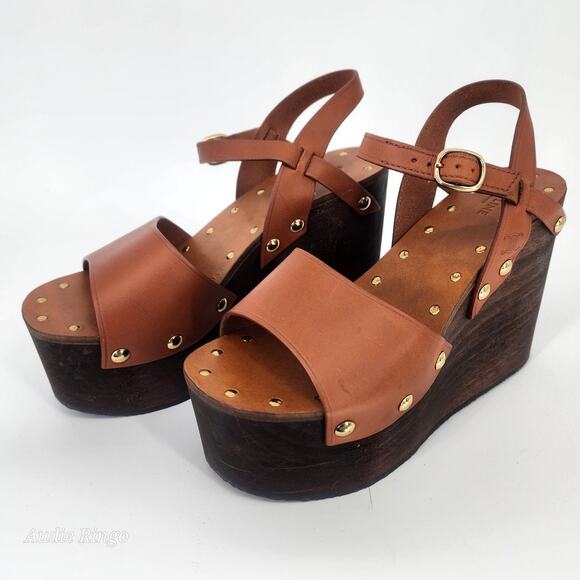 Celine Wooden Platform Wedge Sandals Tan Leather Gold Studs 37 (US 7) - Picture 9 of 17